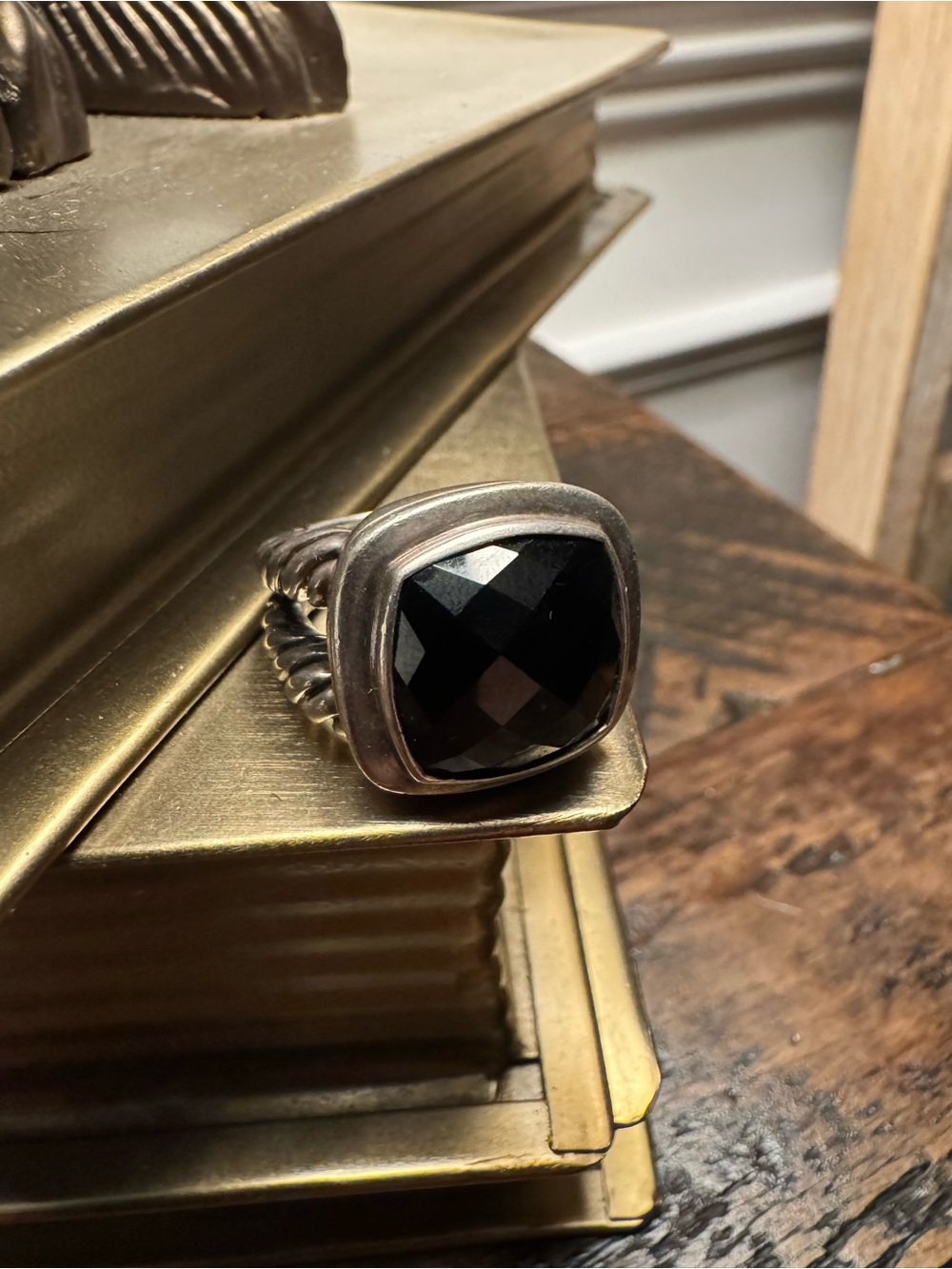 David Yurman Sterling Cable Ring with Faceted Black Stone
